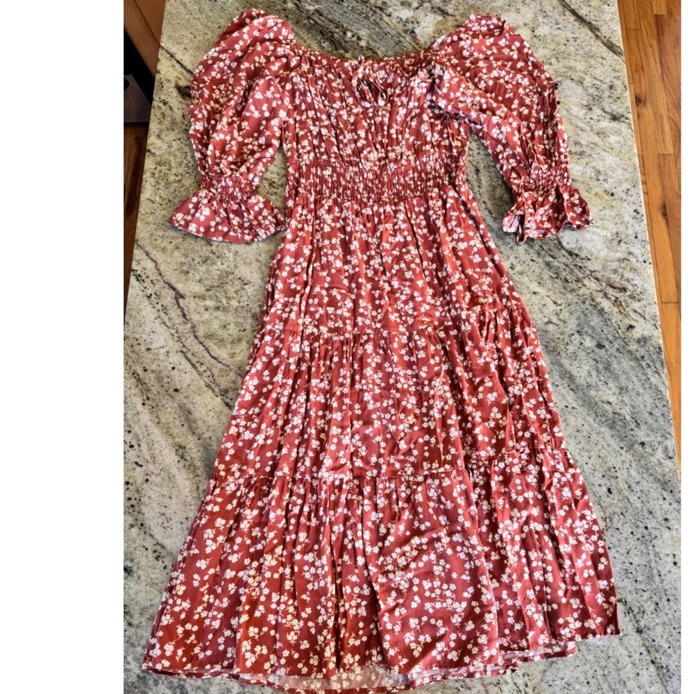 Indigo Rose Rust Red Floral Smocked Waist Tiered Midi Dress‎ Small Cottagecore